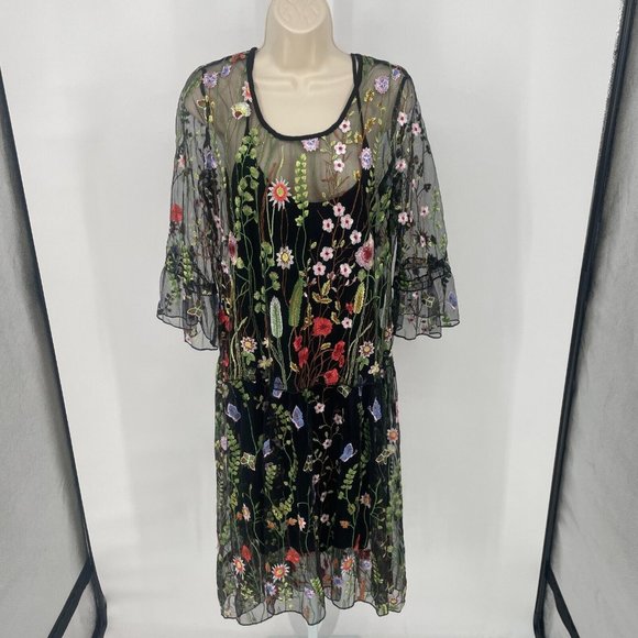 Lulu's 3D Floral Botanical Midi Dress Size Small Embroidered Sheer Black Mesh - Picture 2 of 16